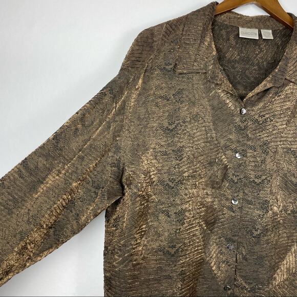 Chico’s | Sz 3 Black Gold Textured Reptile Print Long Sleeve Button Down Blouse - Picture 6 of 11